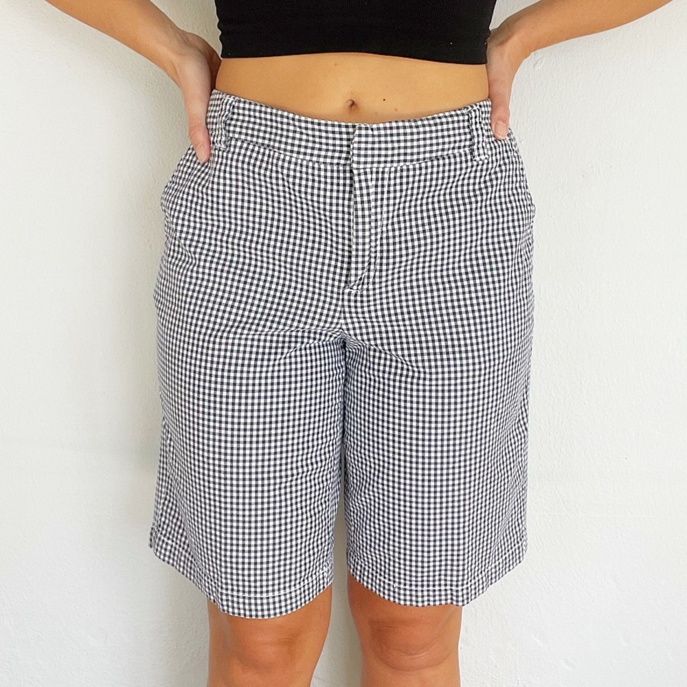 Merona navy blue white cotton gingham plaid stretch Bermuda shorts size 6
